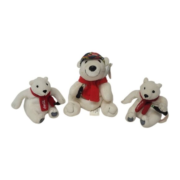 3 pc Vintage Coca Cola Papa Polar Bear Plush 6" 1998 w/ 2 Cubs Coke Bottles - Picture 1 of 12